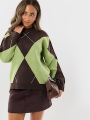 Threadbare Green Embellished Argyle Knitted Jumper - Image 1 of 4