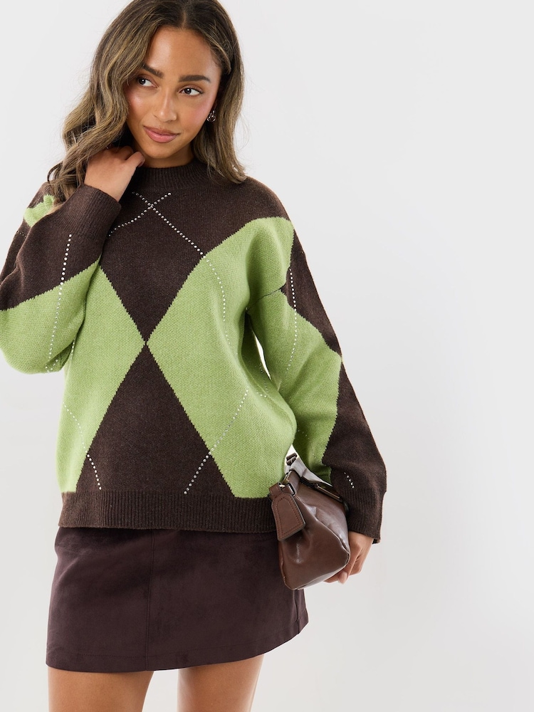 Threadbare Green Embellished Argyle Knitted Jumper - Image 1 of 4 Threadbare Green Embellished Argyle Knitted Jumper - Image 1 of 4