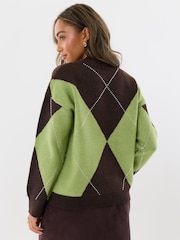 Threadbare Green Embellished Argyle Knitted Jumper - Image 2 of 4