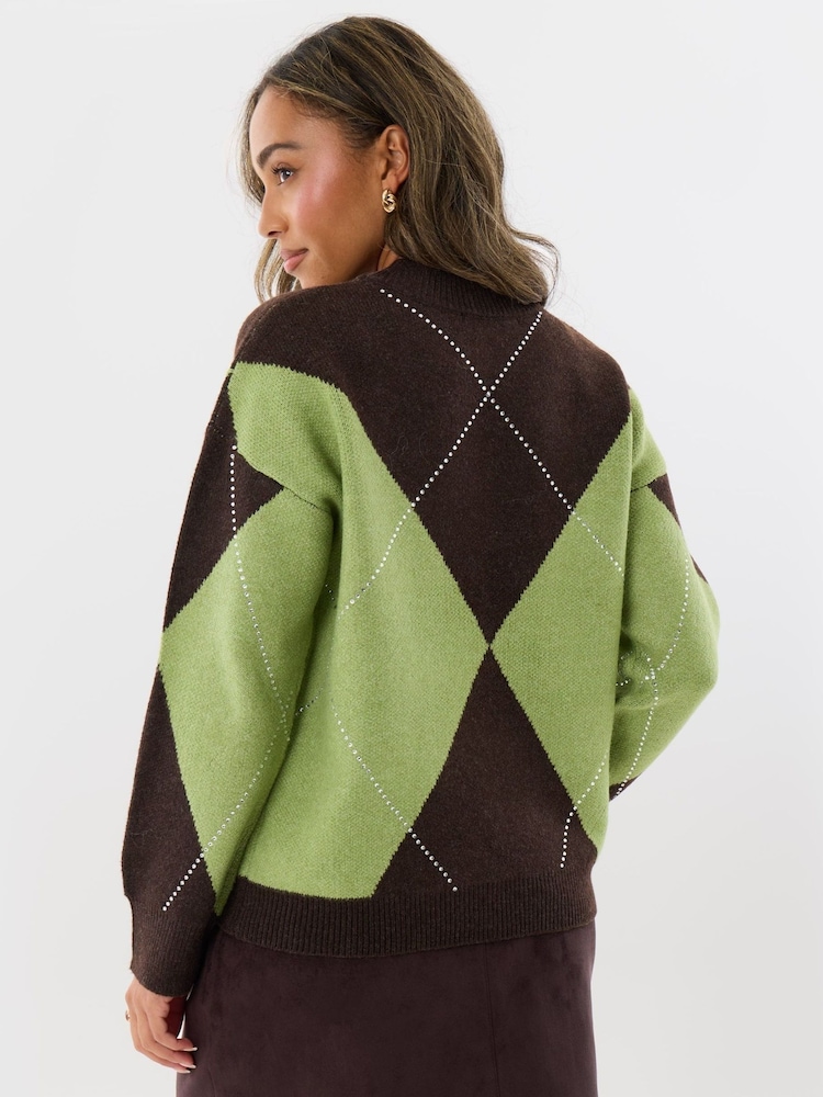 Threadbare Green Embellished Argyle Knitted Jumper - Image 2 of 4 Threadbare Green Embellished Argyle Knitted Jumper - Image 2 of 4