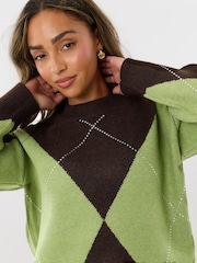 Threadbare Green Embellished Argyle Knitted Jumper - Image 4 of 4