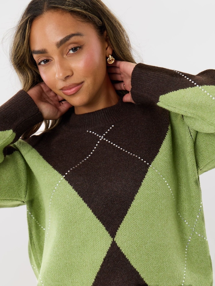 Threadbare Green Embellished Argyle Knitted Jumper - Image 4 of 4 Threadbare Green Embellished Argyle Knitted Jumper - Image 4 of 4