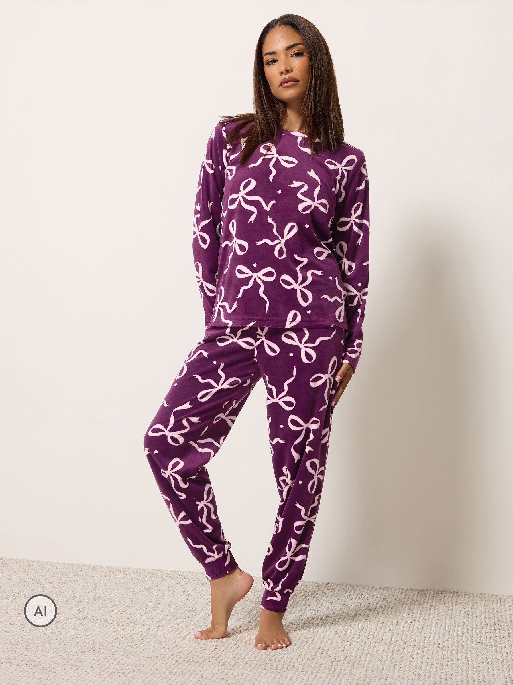 PixieGirl Women's Petite Bow Print Pyjama Set & Scrunchie in Purple | Size: 16-18 - Image 2