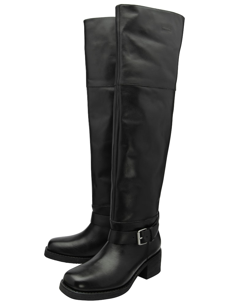 Ravel Black Leather Block-Heel Knee-High Boots - Image 2 of 4 Ravel Black Leather Block-Heel Knee-High Boots - Image 2 of 4