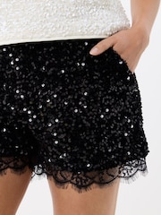Threadbare Black Sequin Shorts with Lace Trim - Image 3 of 4