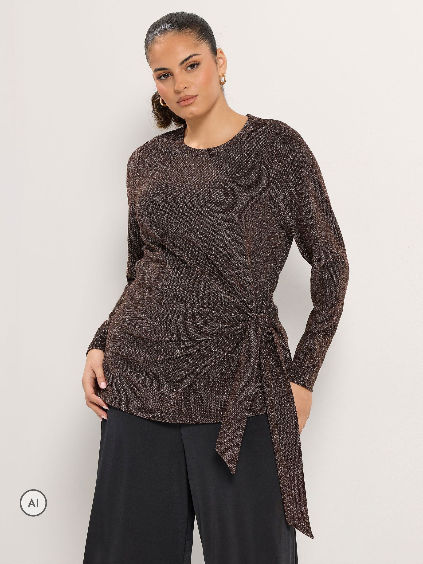 Yours Curve Women's Brown Brillo Buckle Side Detail Top - Image 1