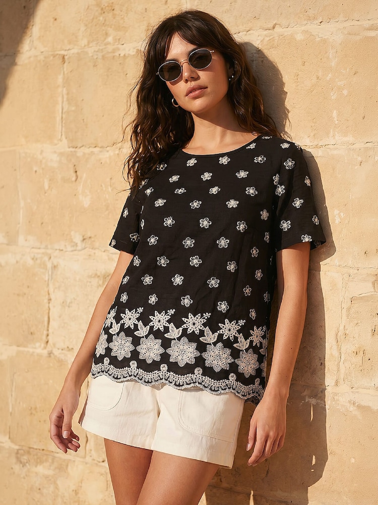 Roman Black Floral Embroidered Tunic Top - Image 1 of 4 Roman Black Floral Embroidered Tunic Top - Image 1 of 4