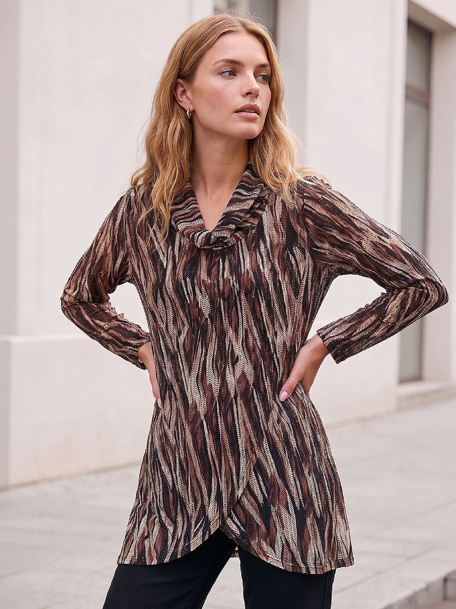 Roman Women's Abstract Print Cowl Neck Tunic Top in Beige | Size: 20 - Image 2