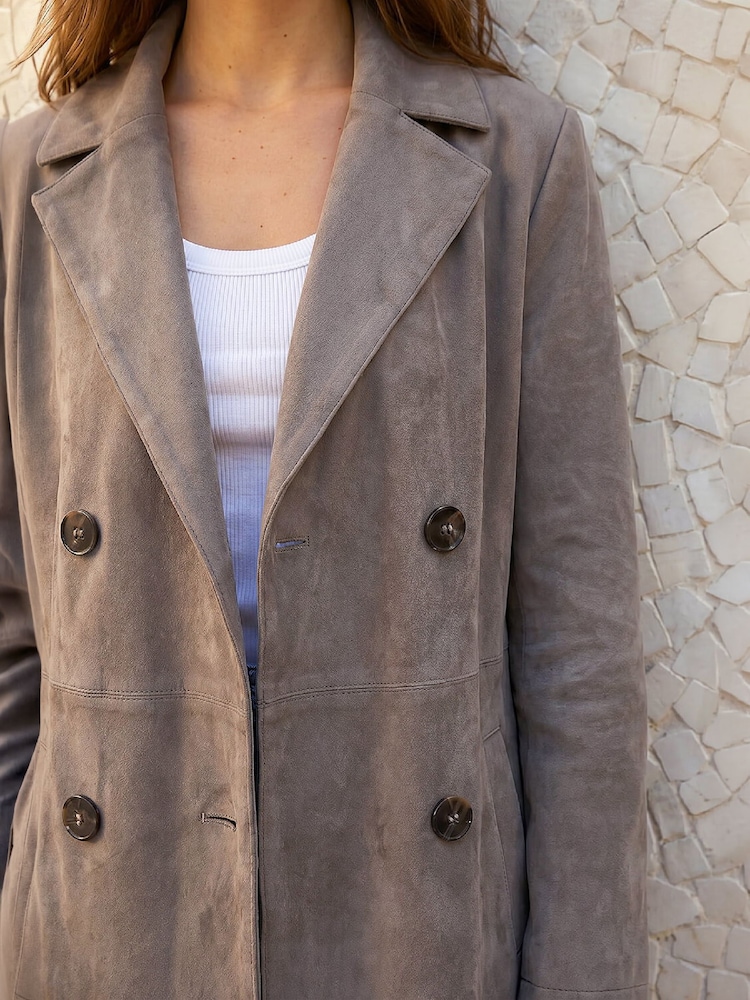 Roman Grey Petite Faux Suede Trench Coat - Image 4 of 4