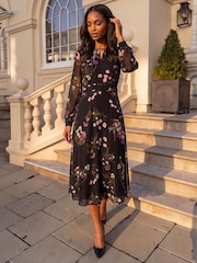 Roman Black Floral Keyhole Midi Dress - Image 1 of 4
