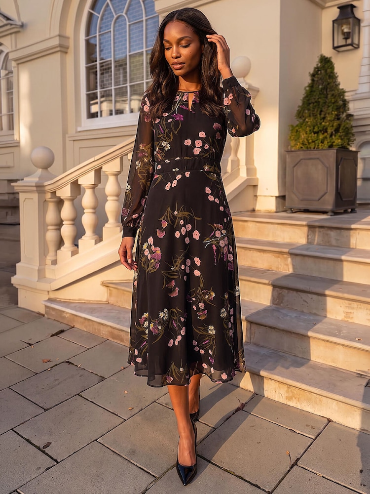 Roman Black Floral Keyhole Midi Dress - Image 1 of 4 Roman Black Floral Keyhole Midi Dress - Image 1 of 4