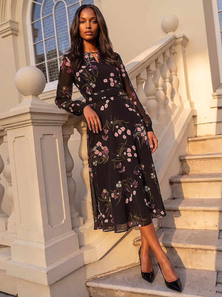 Roman Black Floral Keyhole Midi Dress - Image 2 of 4 Roman Black Floral Keyhole Midi Dress - Image 2 of 4
