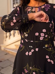 Roman Black Floral Keyhole Midi Dress - Image 4 of 4