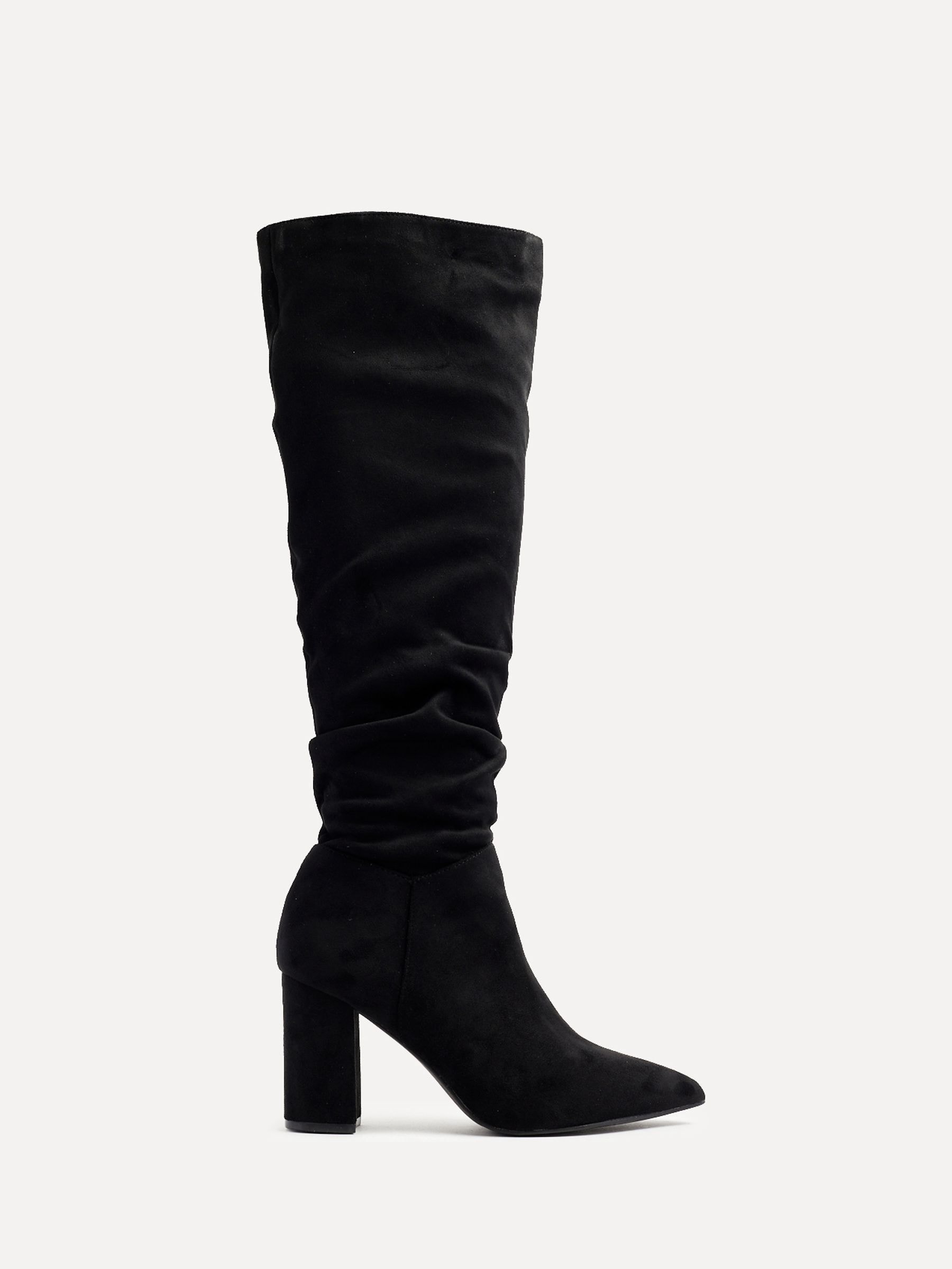 Buy Linzi Black Nina Faux Suede Block Heel Knee High Ruched Boots With Pointed Toe from Next Luxembourg