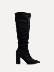 Linzi Black Nina Faux Suede Block Heel Knee High Ruched Boots With Pointed Toe - Image 3 of 6
