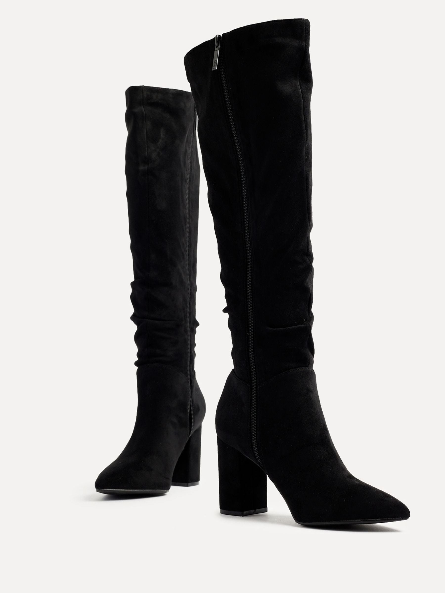 『1年保証』 Buy Ruched High Knee Heel Block Suede Faux Nina Black Linzi 靴