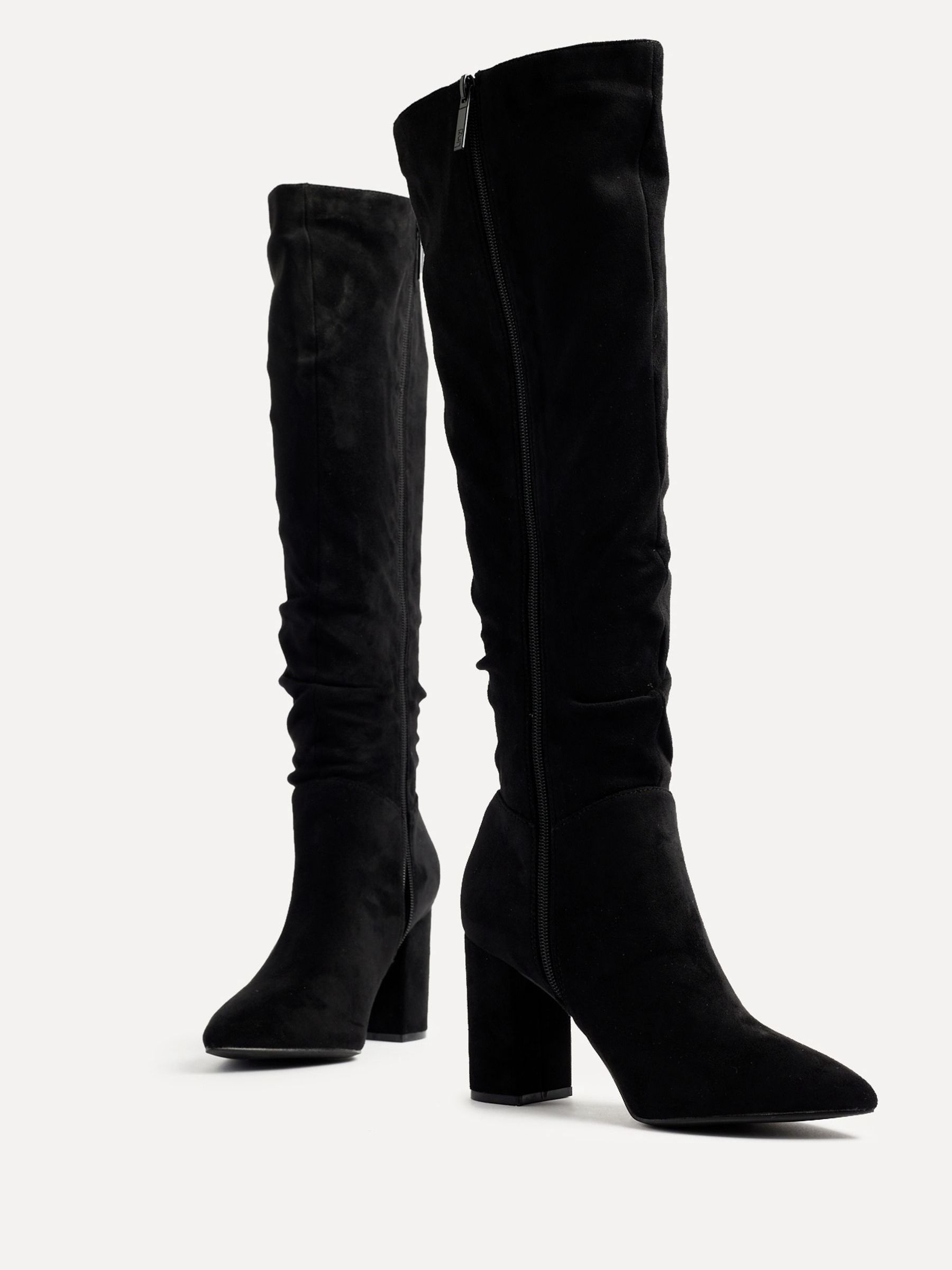 Buy Linzi Black Nina Faux Suede Block Heel Knee High Ruched Boots With ...
