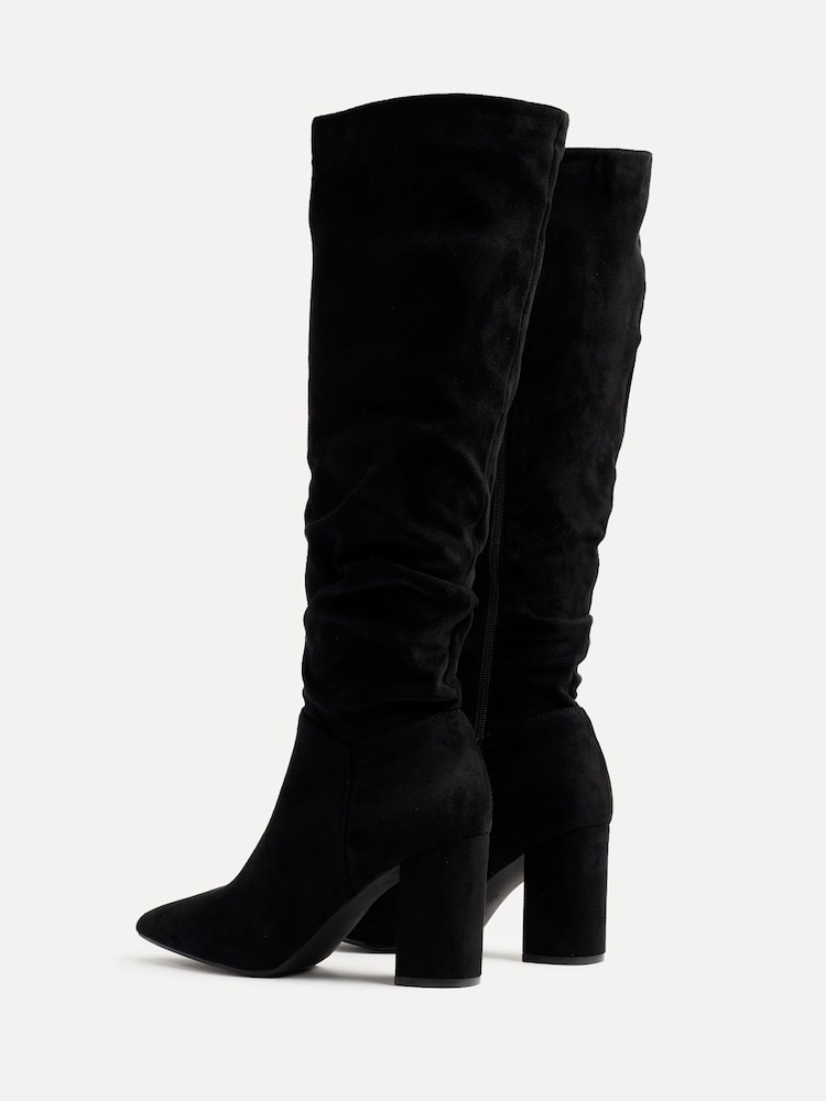 Linzi Black Nina Faux Suede Block Heel Knee High Ruched Boots With Pointed Toe - Image 6 of 6