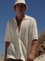 Ecru White Stripe Relaxed Crochet Button Through Shirt - Image 1 of 8