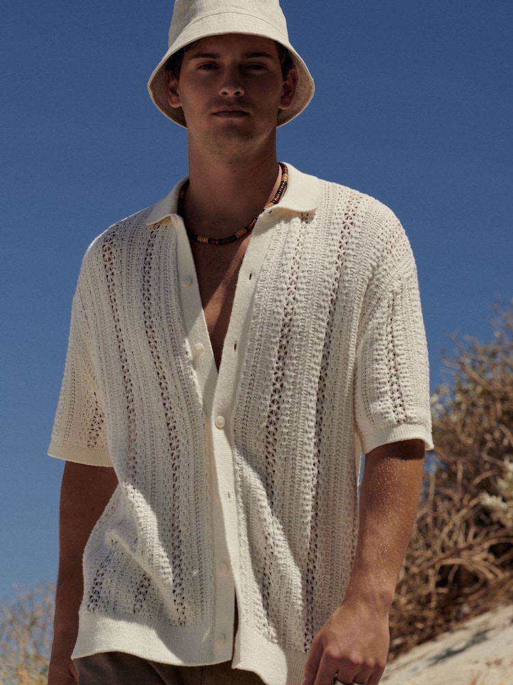 Ecru White Stripe Relaxed Crochet Button Through Shirt - Image 1 of 8
