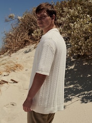 Ecru White Stripe Relaxed Crochet Button Through Shirt - Image 2 of 8