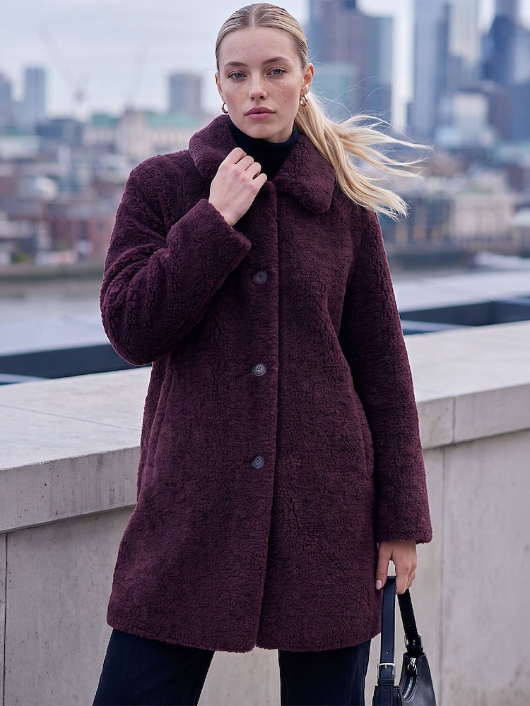 Roman Red Petite Faux Sheepskin Coat - Image 1 of 4 Roman Red Petite Faux Sheepskin Coat - Image 1 of 4