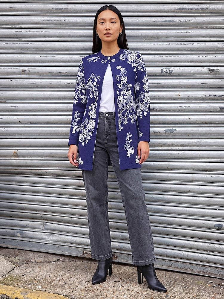 Roman Blue Floral Jacquard Knit Coatigan - Image 2 of 4 Roman Blue Floral Jacquard Knit Coatigan - Image 2 of 4