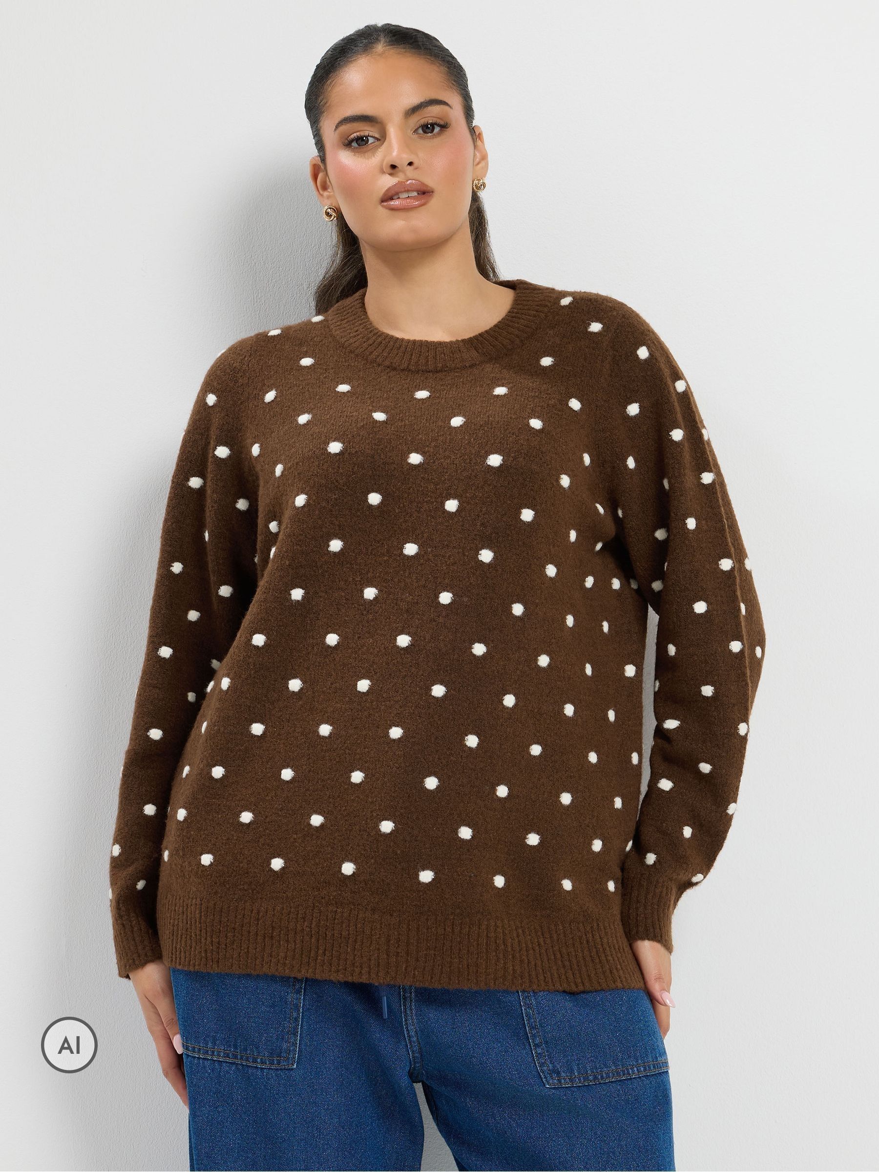 Yours Women's Chocolate Polka Dot Knitted Jumper In Size 30-32 - Image 6