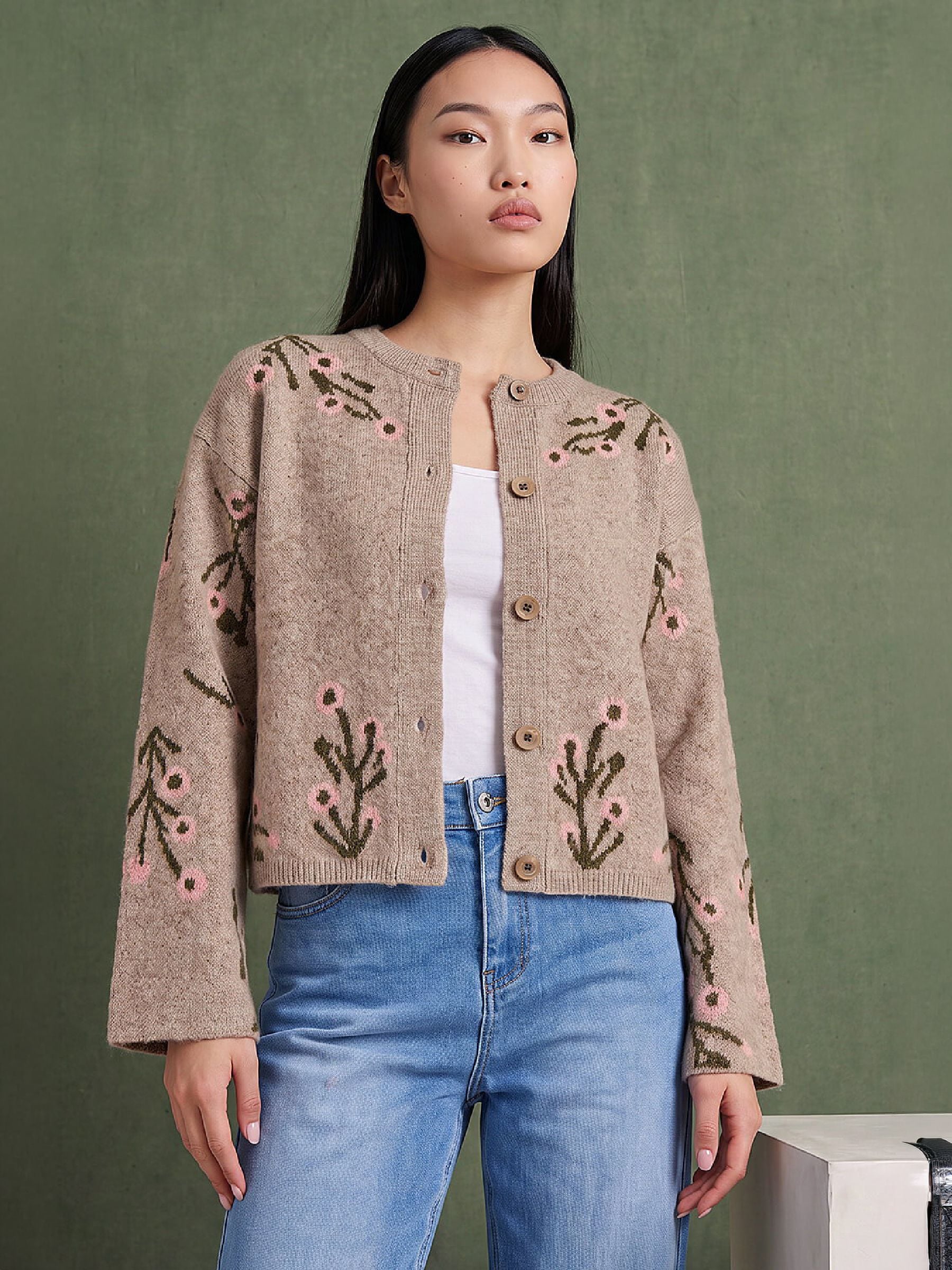 Roman Women's Natural Floral Knitted Cardigan - Image 1