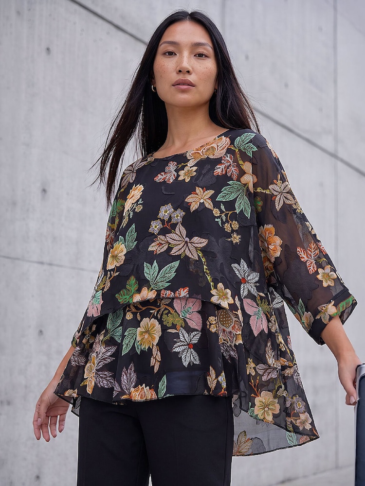 Roman Black Floral Print Overlay Top - Image 1 of 4 Roman Black Floral Print Overlay Top - Image 1 of 4
