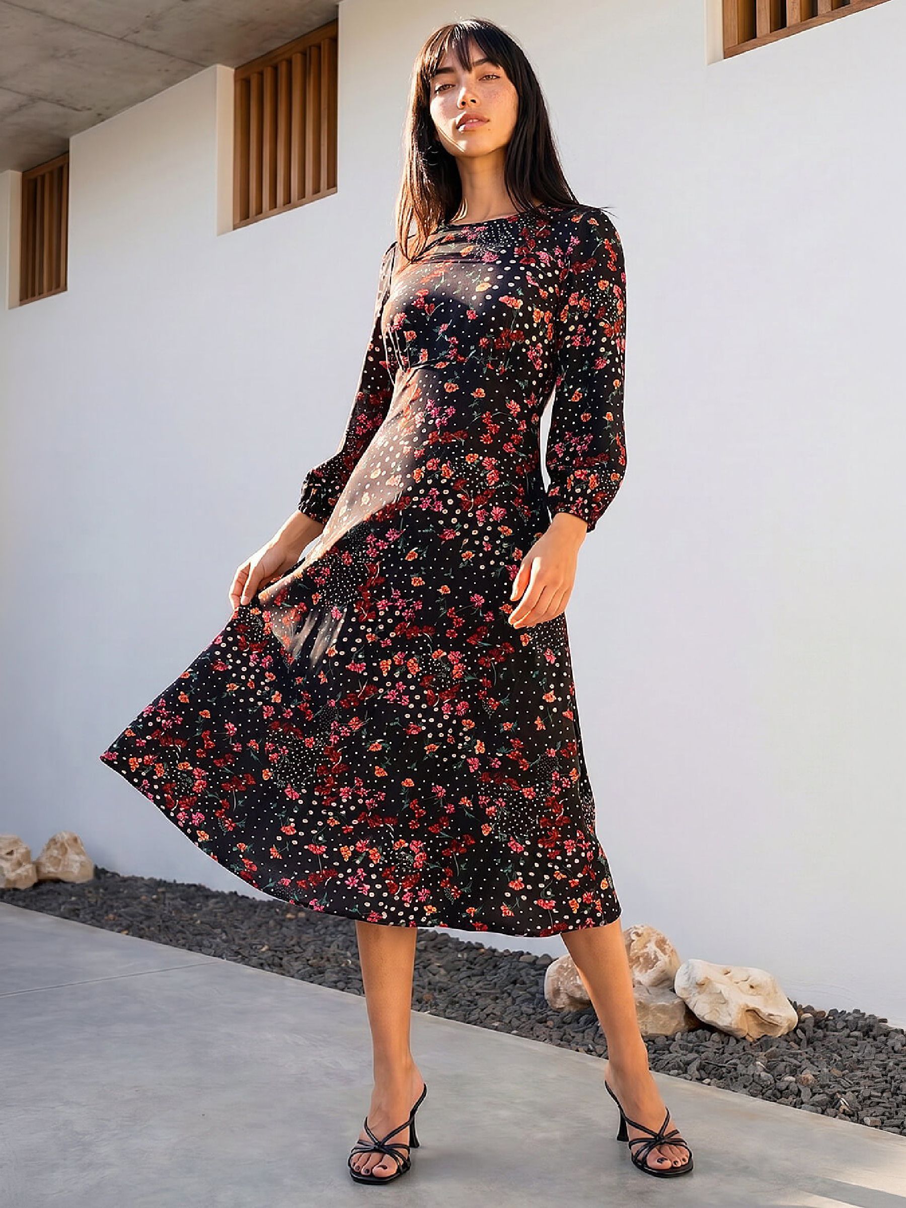 Roman Women's Black Petite Floral Print Midi Dress In Size 18 - Image 2