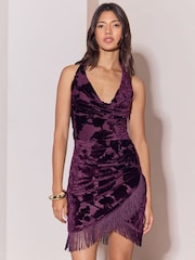 Lipsy X Samie Elishi Wine Velvet Burnout Fringe Wrap Hem Halter Neck Tie Mini Dress - Image 3 of 6