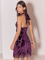 Lipsy X Samie Elishi Wine Velvet Burnout Fringe Wrap Hem Halter Neck Tie Mini Dress - Image 6 of 6