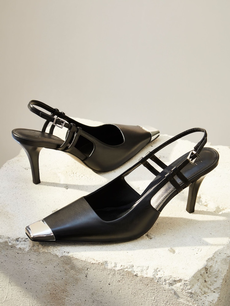 Black Premium Leather Metal Chisel Toe Slingback Heel Shoes - Image 1 of 8