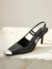 Black Premium Leather Metal Chisel Toe Slingback Heel Shoes - Image 2 of 8