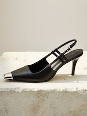 Black Premium Leather Metal Chisel Toe Slingback Heel Shoes - Image 3 of 8