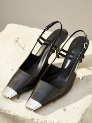 Black Premium Leather Metal Chisel Toe Slingback Heel Shoes - Image 4 of 8