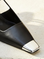 Black Premium Leather Metal Chisel Toe Slingback Heel Shoes - Image 7 of 8