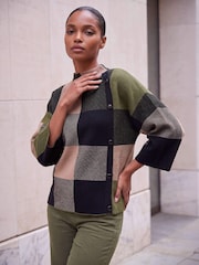 Roman Green Check Button Detail Knit Cape Poncho - Image 1 of 4