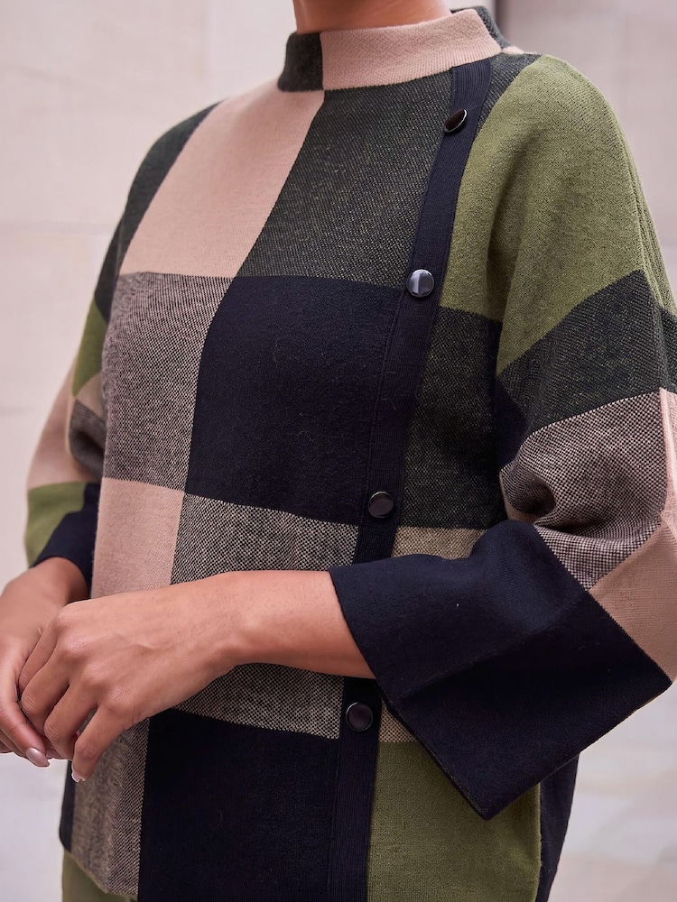 Roman Green Check Button Detail Knit Cape Poncho - Image 4 of 4