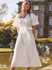 Another Sunday Puff Sleeve Midi Dress with Tie Waist In White - Image 1 of 6