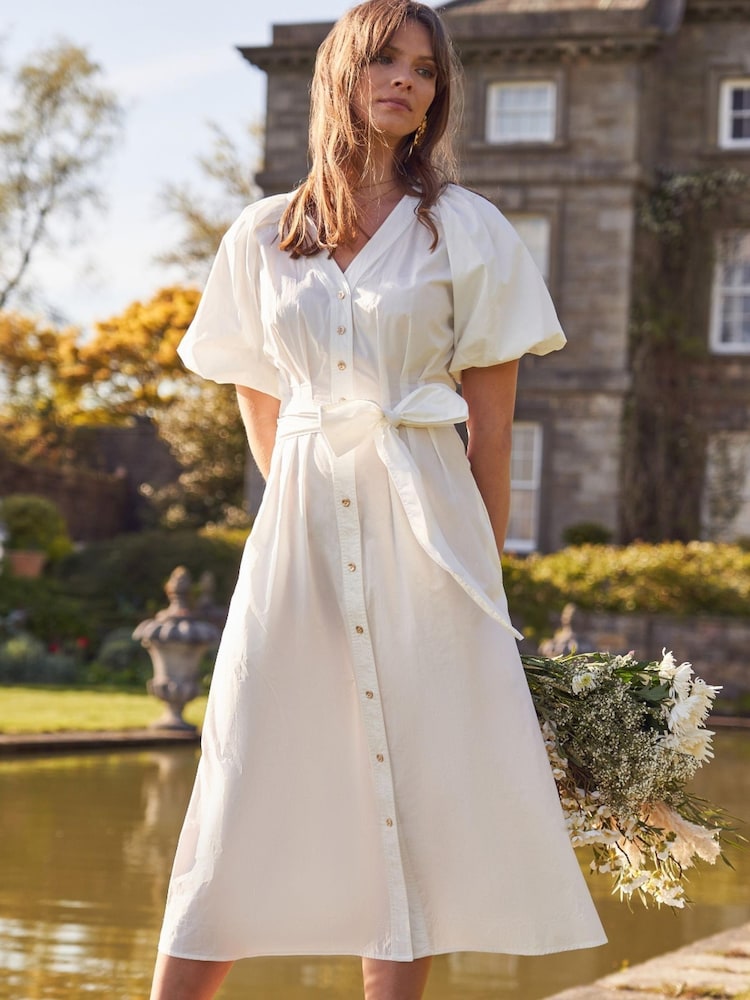 Another Sunday Puff Sleeve Midi Dress with Tie Waist In White - Image 1 of 6