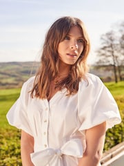 Another Sunday Puff Sleeve Midi Dress with Tie Waist In White - Image 3 of 6