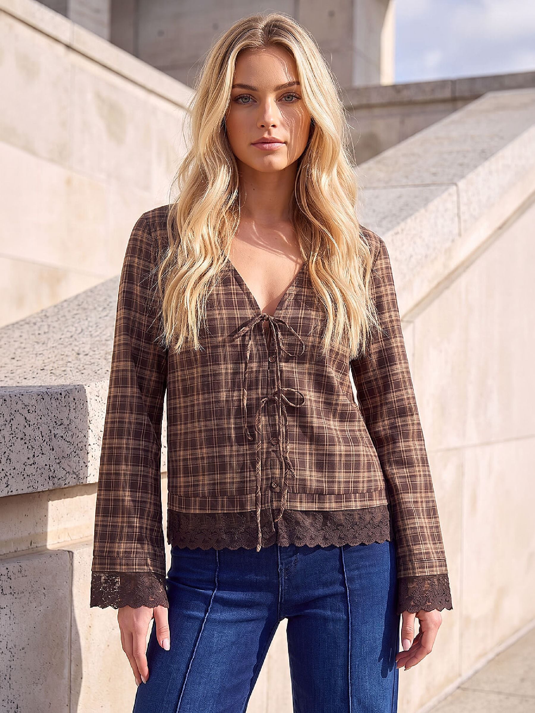 Dusk Women's Chocolate Check Lace Tie Top Size 18 - Image 2