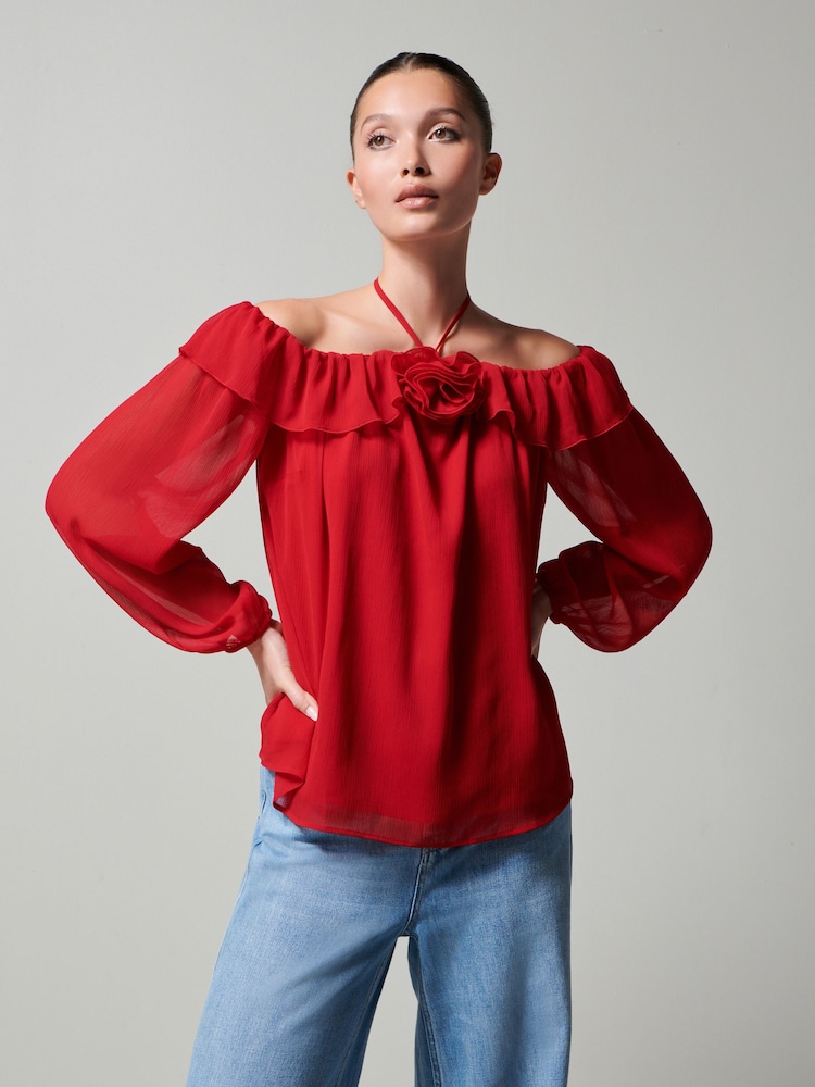 Rot - Langärmeliges Top mit Korsagenausschnitt und Neckholder - Bild 1 von 6 Rot - Langärmeliges Top mit Korsagenausschnitt und Neckholder - Bild 1 von 6