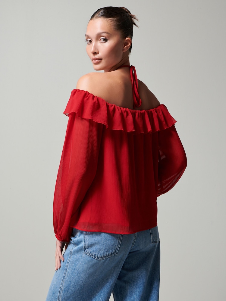 Rot - Langärmeliges Top mit Korsagenausschnitt und Neckholder - Bild 2 von 6 Rot - Langärmeliges Top mit Korsagenausschnitt und Neckholder - Bild 2 von 6