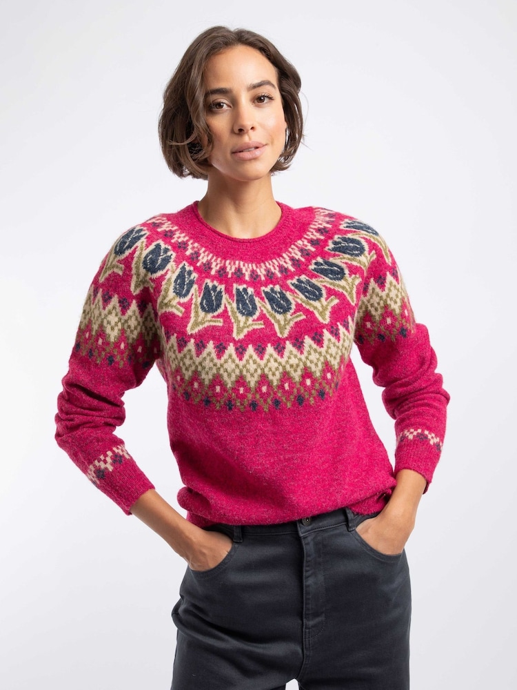 Weird Fish Pink Tulips Floral Fair Isle Jumper - Image 1 of 7 Weird Fish Pink Tulips Floral Fair Isle Jumper - Image 1 of 7