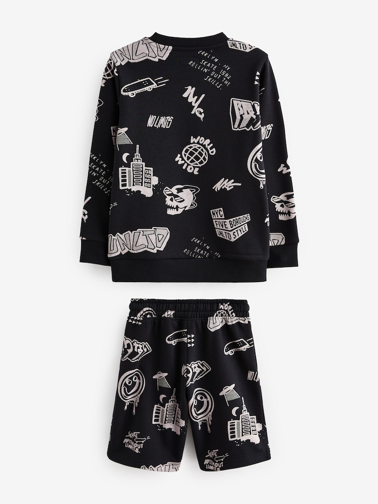 Black All-Over Printed Crew Neck Sweatshirt and Shorts Set (3-16yrs) - Image 2 of 7 Black All-Over Printed Crew Neck Sweatshirt and Shorts Set (3-16yrs) - Image 2 of 7