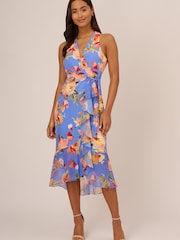 Adrianna Papell Blue Printed Halter Midi Dress - Image 1 of 7