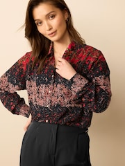 Red/Pink Floral Smudge Print Textured Long Sleeve Shirt with Pocket - Image 1 of 6